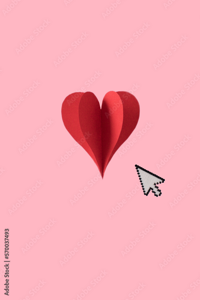 Creative concept click love. Paper 3d heart with computer cursor on pink background. Love concept.