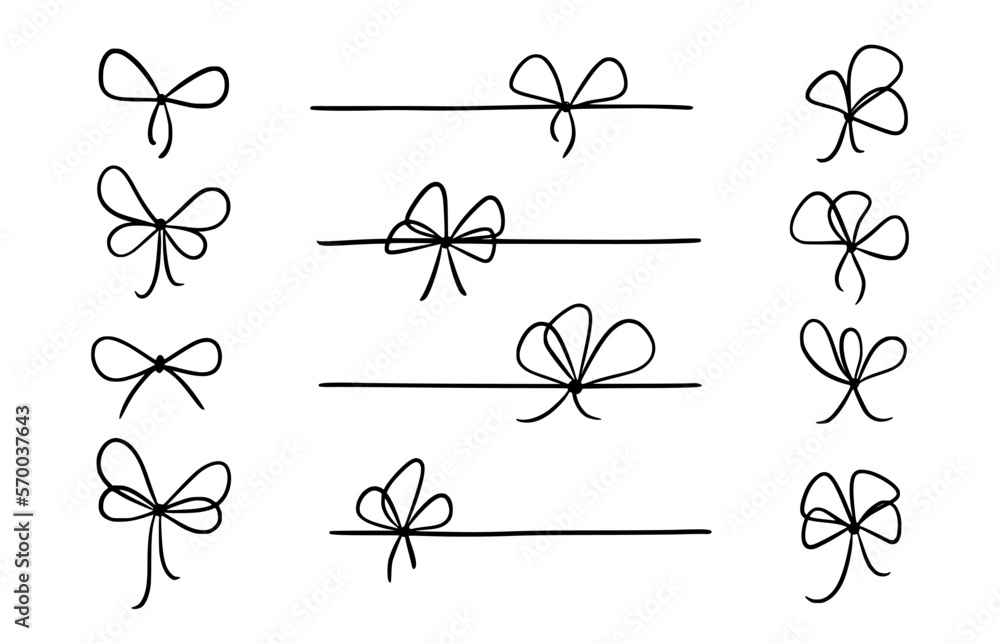 Bow gift ribbon line simple element set. Hand drawn doodle stroke ribbon bow. Elegant minimal line stroke style. Vector illustration - obrazy, fototapety, plakaty 