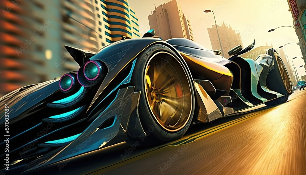 a car driving down a city street in a futuristic style with a ...