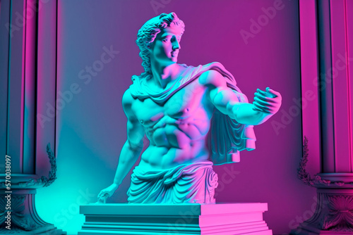 Ilustración de arte conceptual moderno con estatua antigua sobre fondo luz de neón. Arte contemporáneo fotorrealista. Generative AI