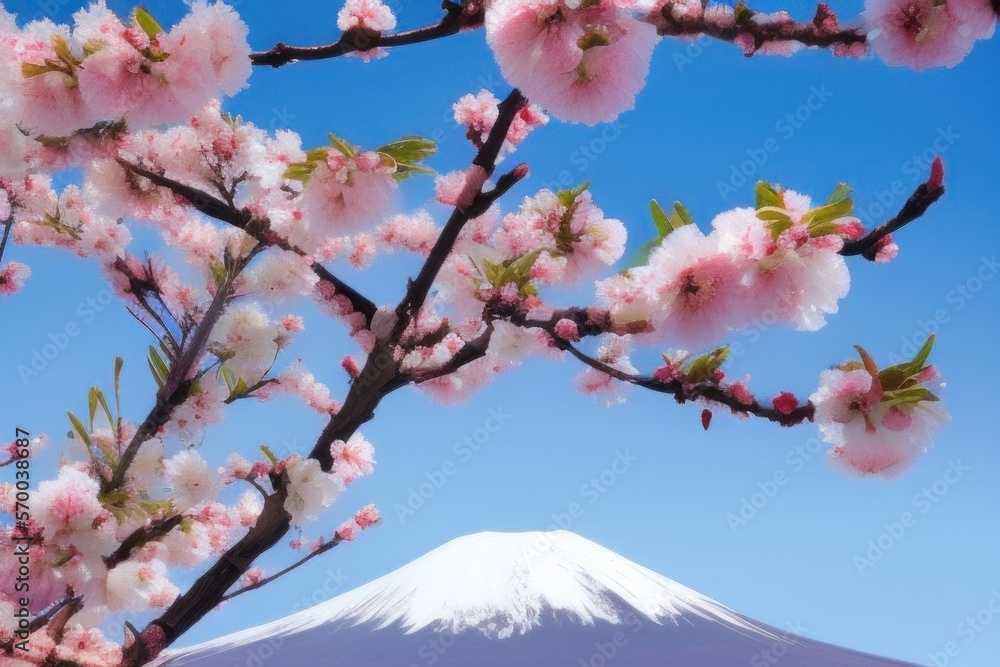 cherry blossom in spring, Fiji mountain, volcano - obrazy, fototapety, plakaty 