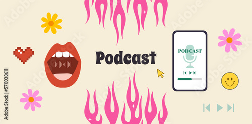 Podcast. Y2k vintage style. Talking mouth. Pink flames. Vector