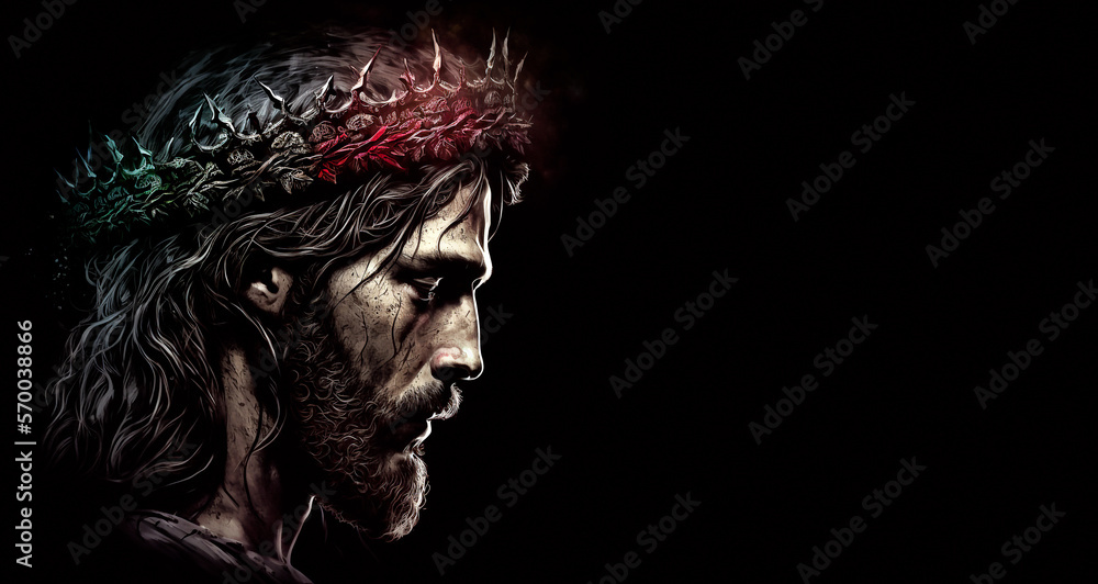 Jesus Christ with the crown of thorns, in profile on a black background - AI generative