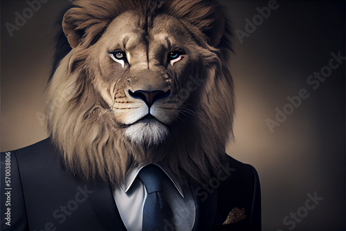 Portrait of lion dressed in formal business suit with tie and jacket. Humanized lion s portrait. High quality ai generated illustration.