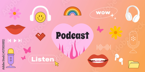 Podcast banner. Y2k style. Trendy podcast illustration. Vector