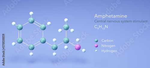 amphetamine molecule, molecular structures, c9h13n, 3d model, Structural Chemical Formula and Atoms with Color Coding