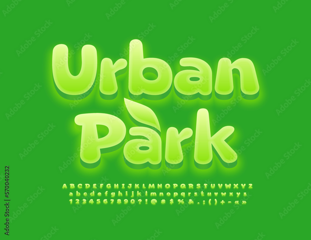 Fototapeta premium Vector green Emblem Urban Park. Creative Glowing Font. Set of modern Alphabet Letters and Numbers