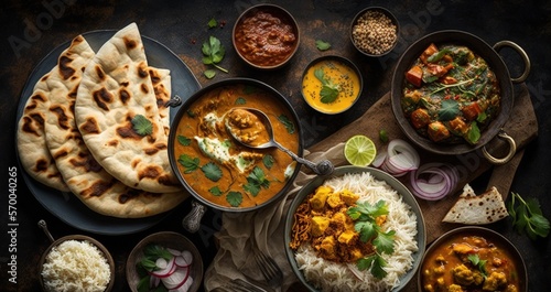 Assorted various Indian food on a dark rustic background. Traditional Indian dishes Chicken tikka masala, palak paneer, saffron rice, lentil soup, pita bread and spices. Square photo.Top view photo