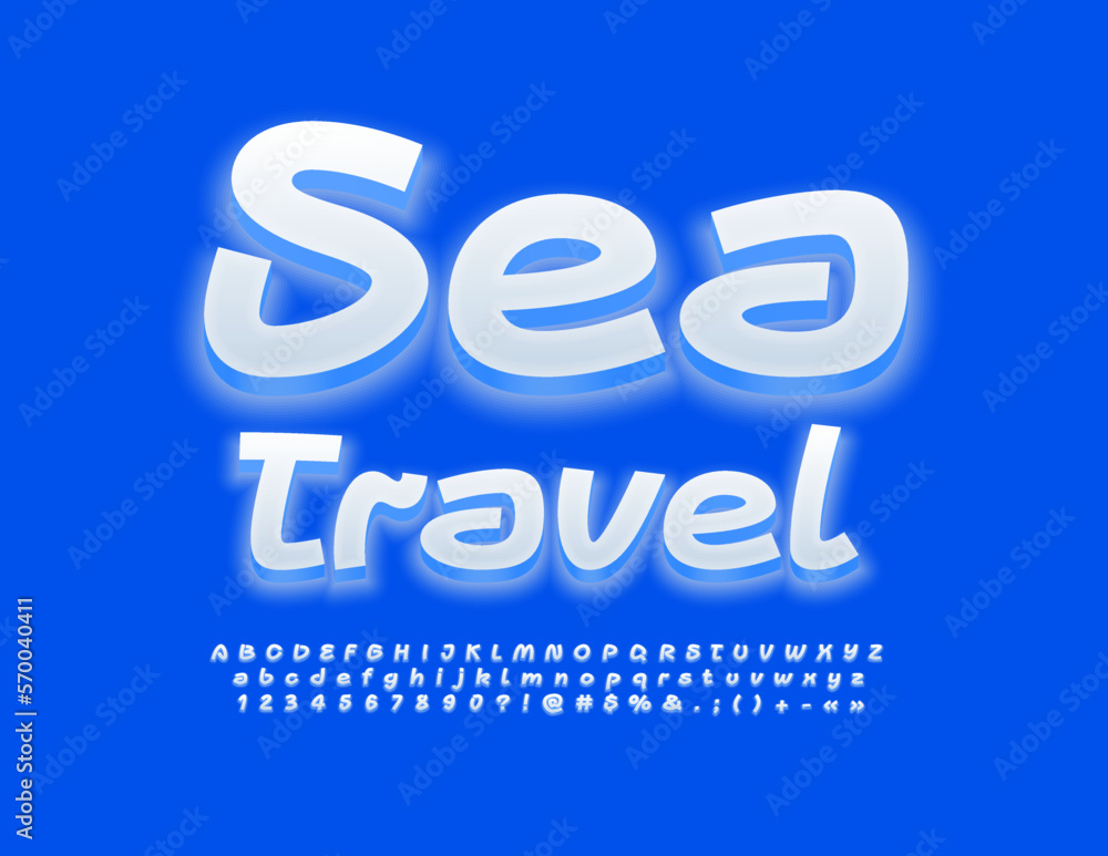 Vector glowing Poster Sea Travel Modern handwritten Font. White 3D Alphabet Letters and Numbers