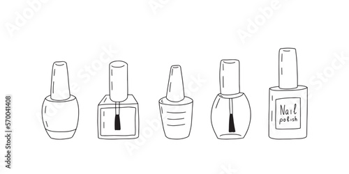 Vector set of gel polish bottles. Hand drawn nail gel polish in different bottles set