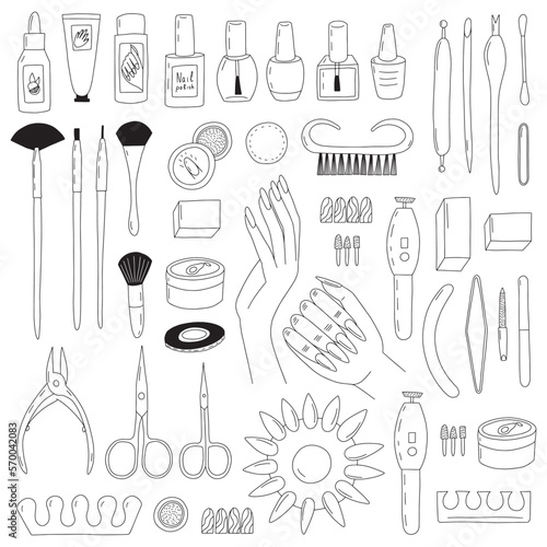 Vector manicure equipments set. Hand drawn different kinds of manicure and pedicure tools set.