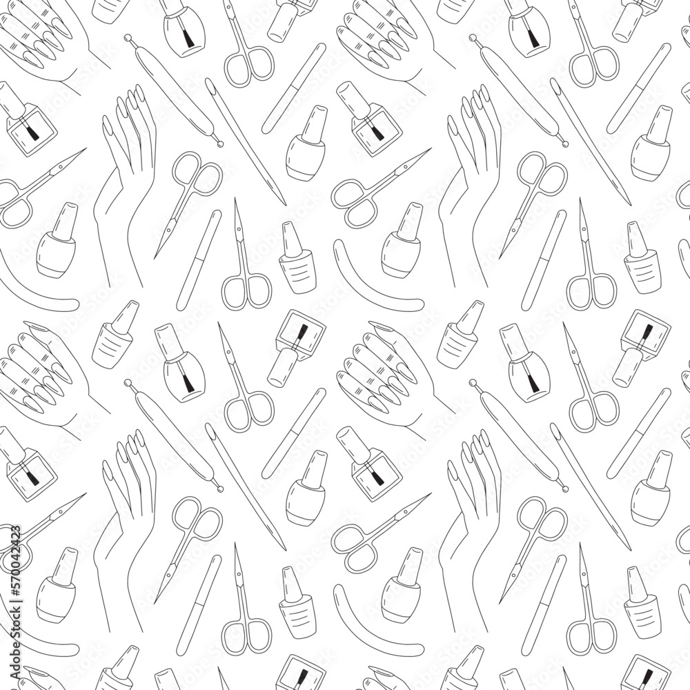Manicure tools doodle seamless pattern. Manicure scissors, gel polish and woman hands on white background Manicure tools doodle seamless pattern. Manicure scissors, gel polish and woman hands on white background
