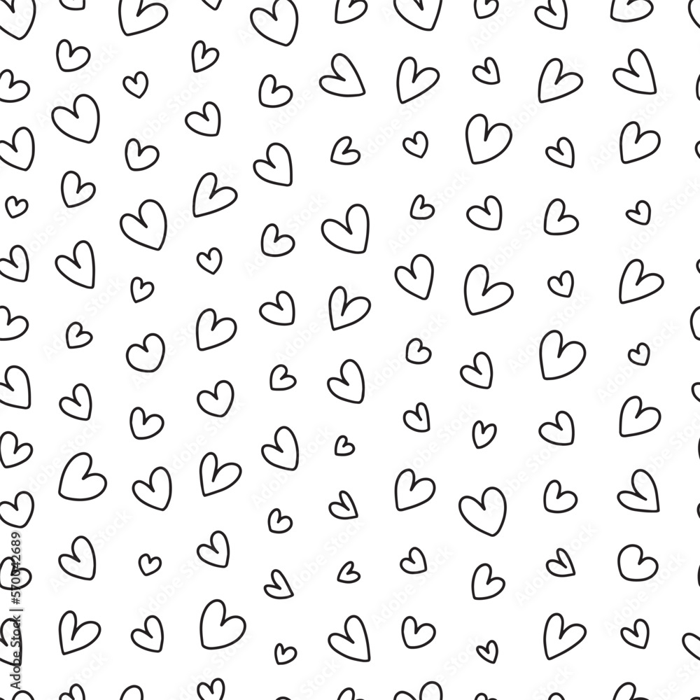 Doodle hearts seamless pattern. Cute hearts isolated on white background.