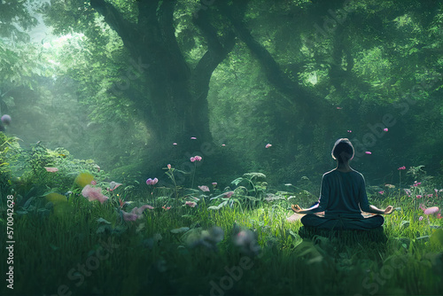 Meditating Mindfulness and Self Care in Idyllic Wild Garden in Nature Made with Generative AI