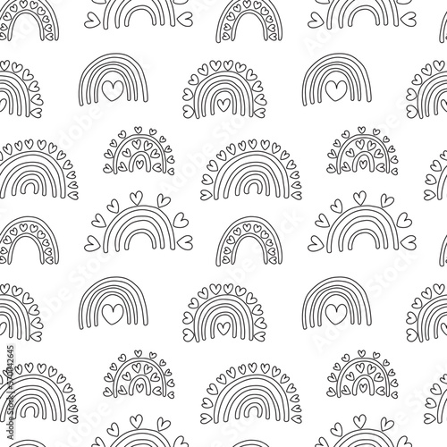 Cute doodle love rainbows seamless pattern. Different kinds of rainbows with hearts vector pattern