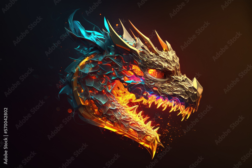 Fiery Dragon Head Illustration, Fantasy Creature Design Element on Black Background, AI Generative Fiery Dragon Head Illustration, Fantasy Creature Design Element on Black Background, AI Generative