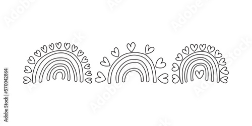 Cute doodle love rainbows set. Different kinds of rainbows with hearts vector set