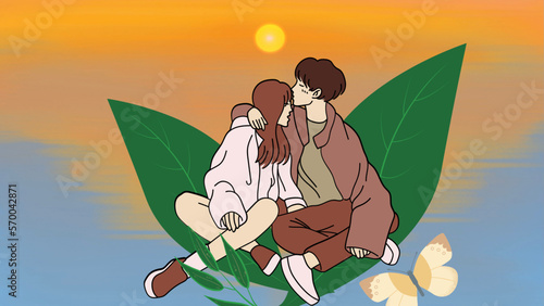 Kiss of love between a woman  and a man in the middle of the leaves of nature