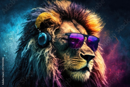 Mighty rasta lion in earphones and mirror glasses on abstract magenta background. 80s vibe, Rastafarian culture, synthwave style, AI Generative. photo