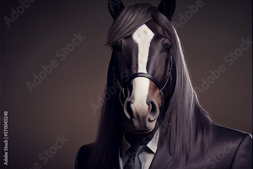 Humanized horse portrait dressed in a formal business suit. Humanized animals concept. High quality ai generated illustration.
