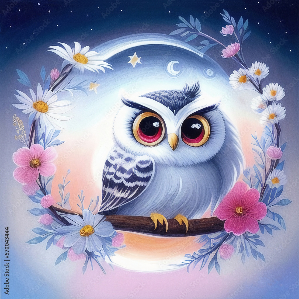 Obraz premium a cute little owl with big eyes sitting on a branch with flowers and stars around it's neck and eyes, with a moon in the background, ai generated