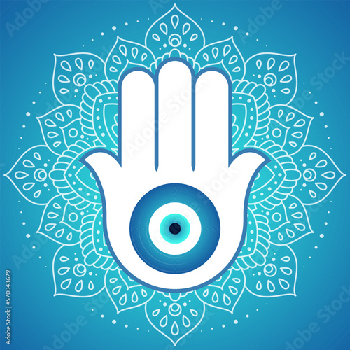 Ornate amulet Hamsa Hand of Fatima. Ethnic obereg against the evil eye and spoilage, common in Indian, Arabic and Jewish cultures.
