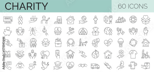 Outline set of 60  volunteering, charity, donation vector icons for web design. Editable stroke. Vector illustration