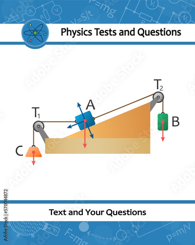 Physical experiment. The rollers showing the compound pully system. Template for exam question with the laws of motion. Force increase by pulley blocks. Lifting a load. Template of Pulling a load.
