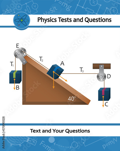 Physical experiment with Pulley system. Template of loaded Movable Pulleys. Pulley. Lifting a load. Pulling a load. Thrust and linear momentum on inclined plane. Laws of motion. Vector illustration.