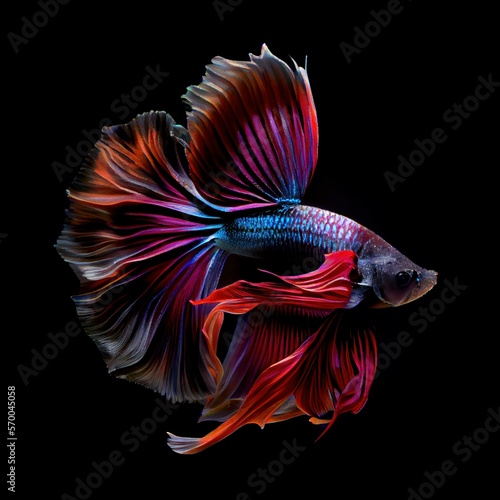 Beautiful colors"Betta Fighting Fish" capture the moving moment beautiful of betta siam fish in Thailand on a Black background generative ai