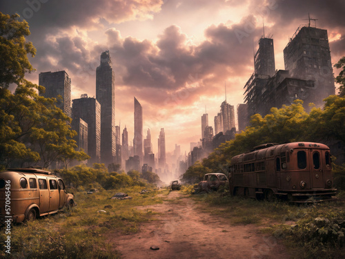 The last people have left this destroyed city. Now nature is taking back from us what belongs to her. Ruins of a city skyline. In foreground a way with decayed rusty car and bus wrecks, Generative AI