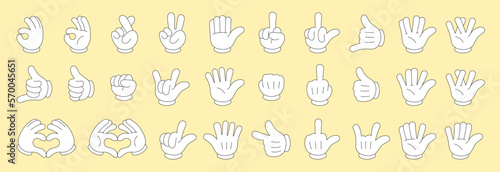 Retro groovy style hands set. Cartoon hippie hand collection. Vintage hippy various palm sticker pack. Showing gestures victory, shaka, ok, rock and love. Abstract trendy y2k vector eps illustration