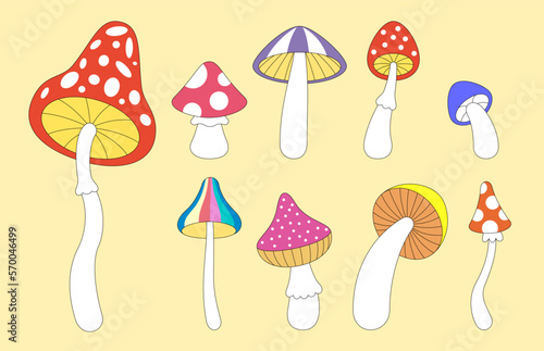 Retro groovy trippy mushroom set. Hippie psychedelic fly agaric fungus collection. Hippy toadstool. Vintage cartoon hallucinogenic fantasy amanita pack. Trendy y2k pop culture design vector elements