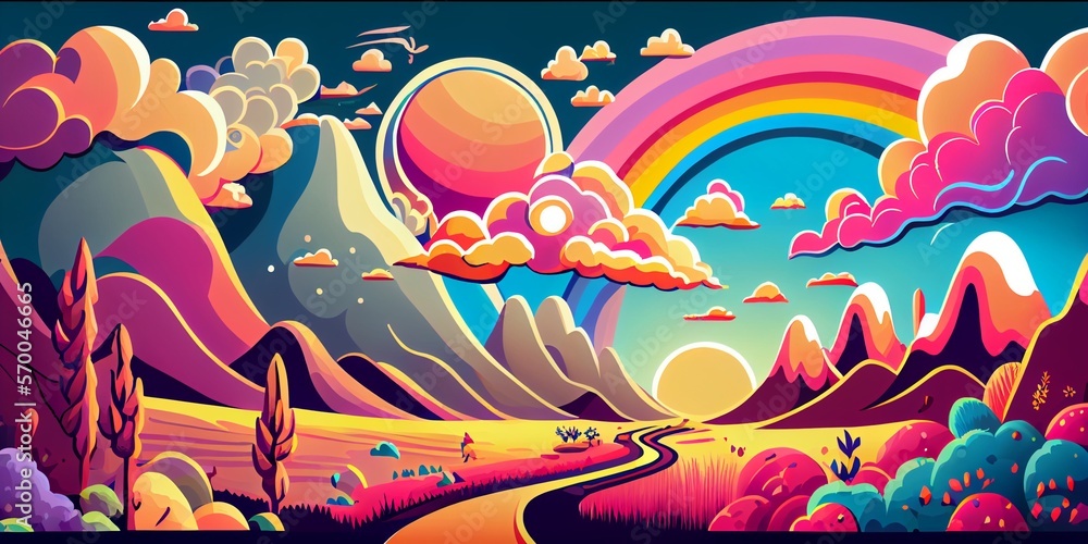 Colorful psychedelic landscape cartoon style wallpaper. 70s Hippie Clouds, Rainbows, sun, mountains background. Generative AI