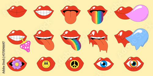 Retro open mouth with red sensual lips set. Psychedelic hippie tongue sticking out with rainbow, flower, mushroom and gum. Vintage hippy groovy style crazy various mimic emotion and facial expressions