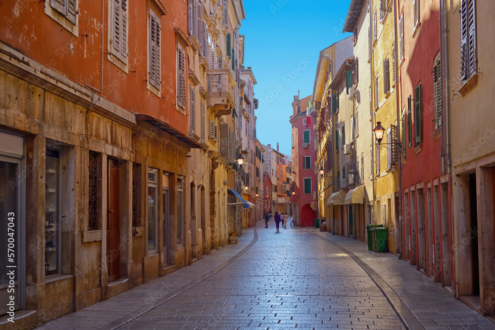Streets of Rovinj with calm, colorful building facades, Istria, Rovinj is a tourist destination on Adriatic coast of Croatia