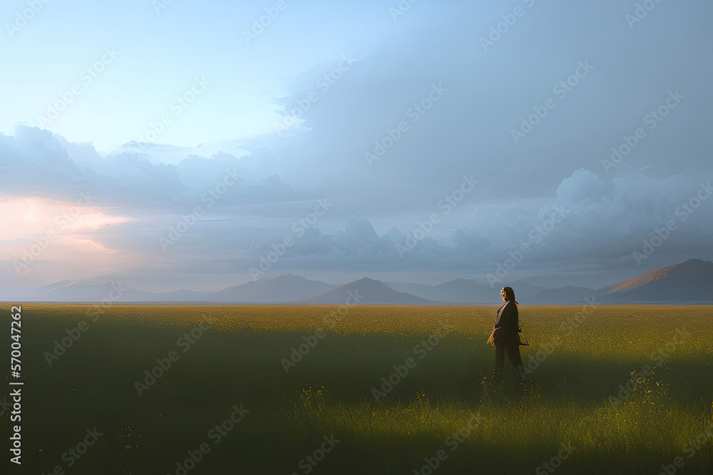 Cinematic dreamlike and surreal image of a person walking through green meadows at sunset with blue mountains in the background, created with Generative AI technology
