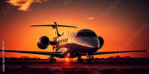 Fototapeta Luxuriöser  Privat Jet Flieger in der Abendsonne nach der Landung, ai generativ