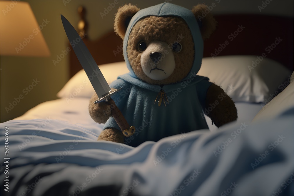 a stuffed teddy bear fighting a nightmare on a bed the teddy bear has a