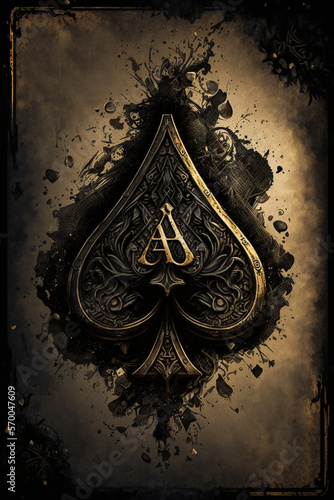 Ace of spades. Playing card grunge vintage style. Casino and Poker. Modern art and antique background. Black and gold design with a pattern. Generative AI. photo