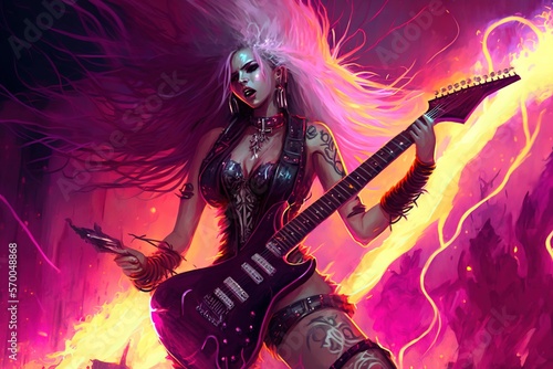 A sexy female rockstar playing an electric guitar with flames and a vibrant pink background, generative ai photo
