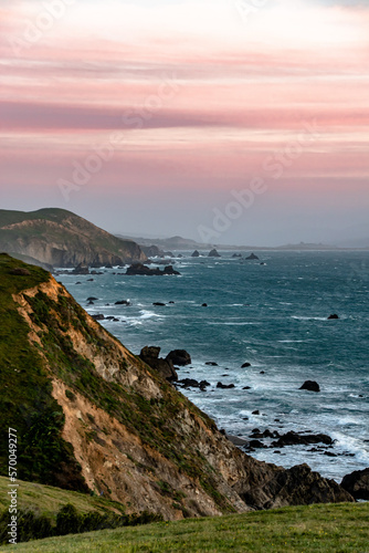 Pink Colorful Sunset Along the Coastal Cliffs of Bodega Bay California