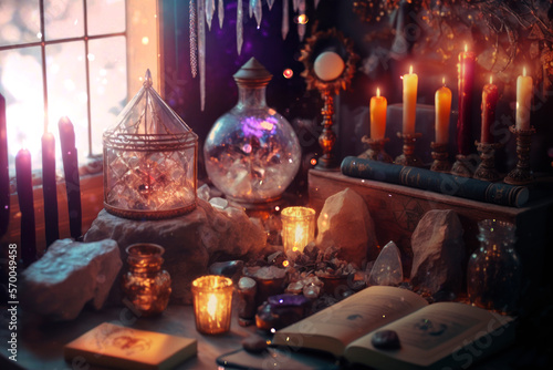 Dark witchcraft room, candle lantern, old vintage books, AI Generated background