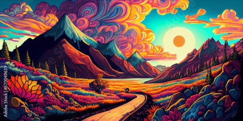 Colorful psychedelic landscape cartoon style wallpaper. 70s Hippie Clouds, Rainbows, sun, mountains background. Generative AI © Lucia Fox