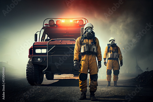 Portrait of the Brave Firefighter in gas mask Smiling on Camera. In the Background Firemen Rescue Team all terrain SUV.