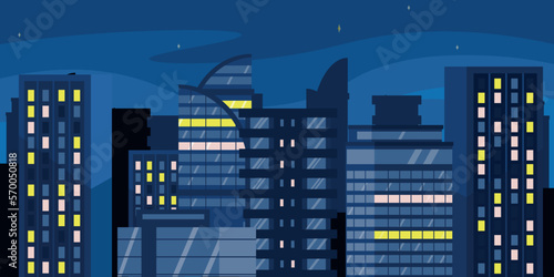 Vector illustration of a beautiful night modern futuristic city. Cartoon city night landscape with residential and office minimalist buildings and lights in windows and stars.