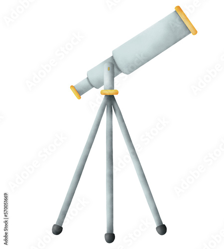 Watercolor paper illustration of Telescope into space .Idea for icons, wallpaper, children’s art, books, cartoon, science, background, banner, poster, magazine, details decoration