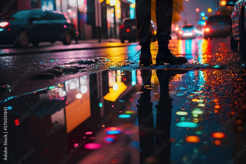 Boots on a wet street and neon lights created with Generative AI technology