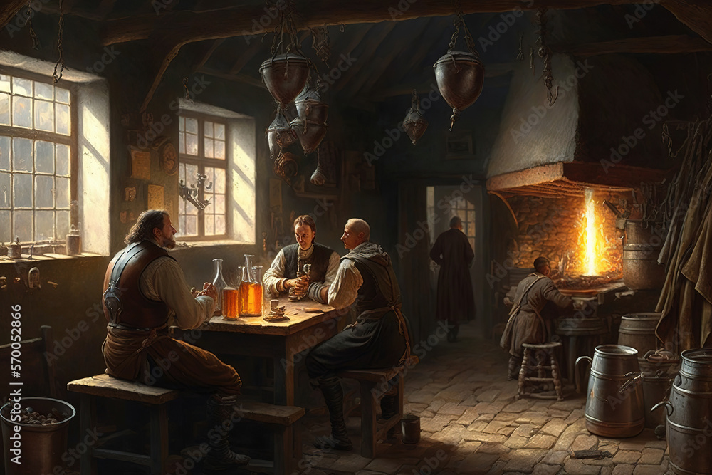 Interior of a medieval tavern, art illustration Interior of a medieval tavern, art illustration