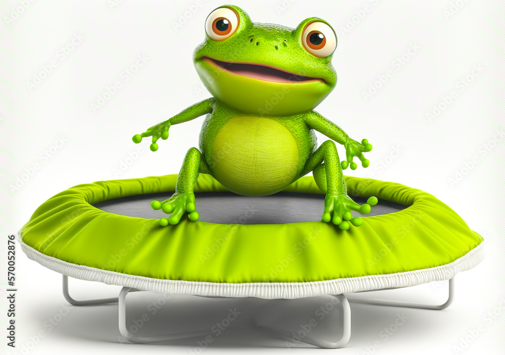 Pretty green frog jumping on white trampoline. Ideal to communicate  enthusiasm and joy. Generative AI Stock Illustration | Adobe Stock